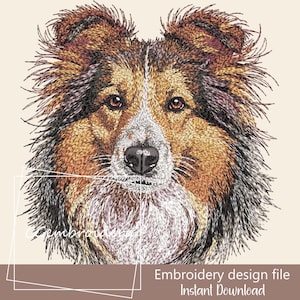 Pode incluir: Imagem bordada do rosto de um cão Sheltie, com pelo castanho, branco e preto. O cão tem olhos castanhos e um nariz preto. A imagem inclui o texto "Embroidery design file Instant Download".