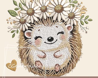Spring Hedgehog Embroidery File, Happy Flower Hedgehog Embroidery Design, Forest Animals Machine Embroidery Pattern Baby Hedgehog Embroidery