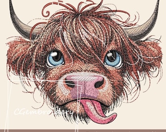 Funny Highland Cow Embroidery File, Farm Animals Embroidery File, Scottish Highland Longhaired Cow Machine Embroidery Pattern Cute Funny Cow