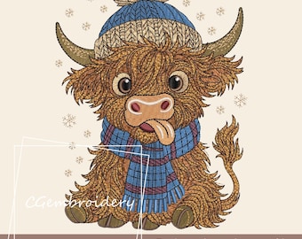 Winter Highland Cow Embroidery File, Farm Animals Embroidery Pattern, Scottish Highland Longhaired Machine Embroidery, Winter Funny Cow