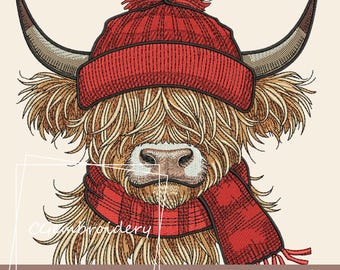 Winter Highland Cow Embroidery File, Farm Animals Embroidery File, Cute Highland Cow Machine Embroidery Pattern, Baby Cow Instant Download