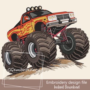 Könnte beinhalten: Gesticktes Design eines rot-gelben Monstertrucks mit großen Reifen und Flammen. Der Truck hat vier Lichter oben und ist vor einem beigen Hintergrund platziert. Der Text "Embroidery design file Instant Download" steht unten.