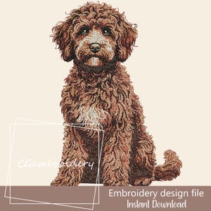 May include: Embroidery design file of a brown and white curly-haired dog sitting. The design is for instant download.