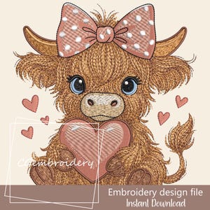 Cute Highland Cow Embroidery File Cow Holding Heart Pink Coquette Bow Embroidery Pattern Scottish Highland Longhaired Cow Machine Embroidery