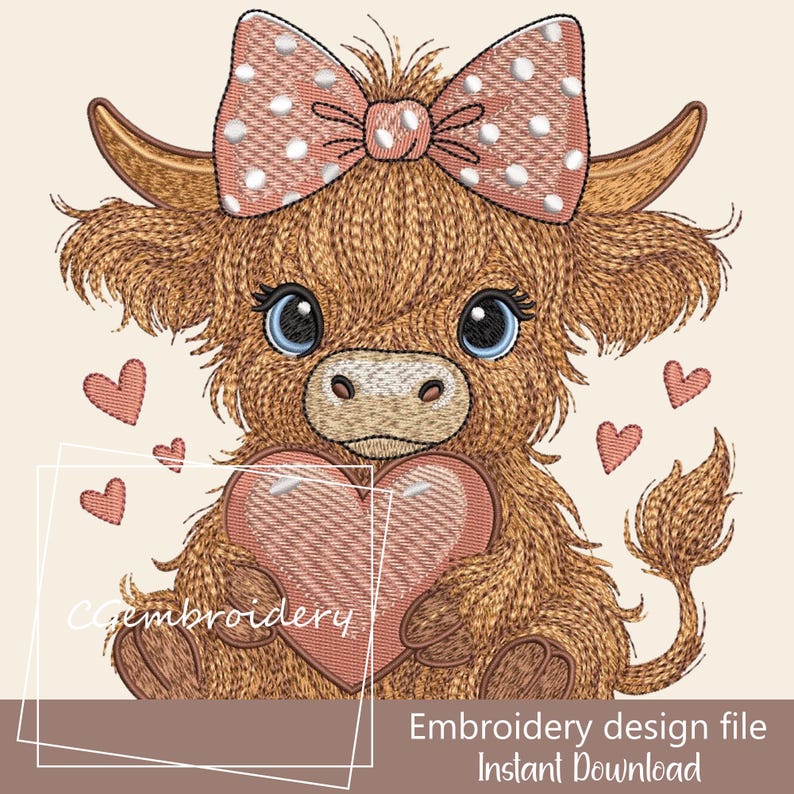 Cute Highland Cow Embroidery File Cow Holding Heart Pink Coquette Bow Embroidery Pattern Scottish Highland Longhaired Cow Machine Embroidery