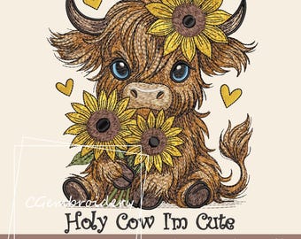 File da ricamo con mucca scozzese dei girasoli, modello da ricamo con animali da fattoria, ricamo a macchina con mucca scozzese a pelo lungo. Santo cielo, sono carina.
