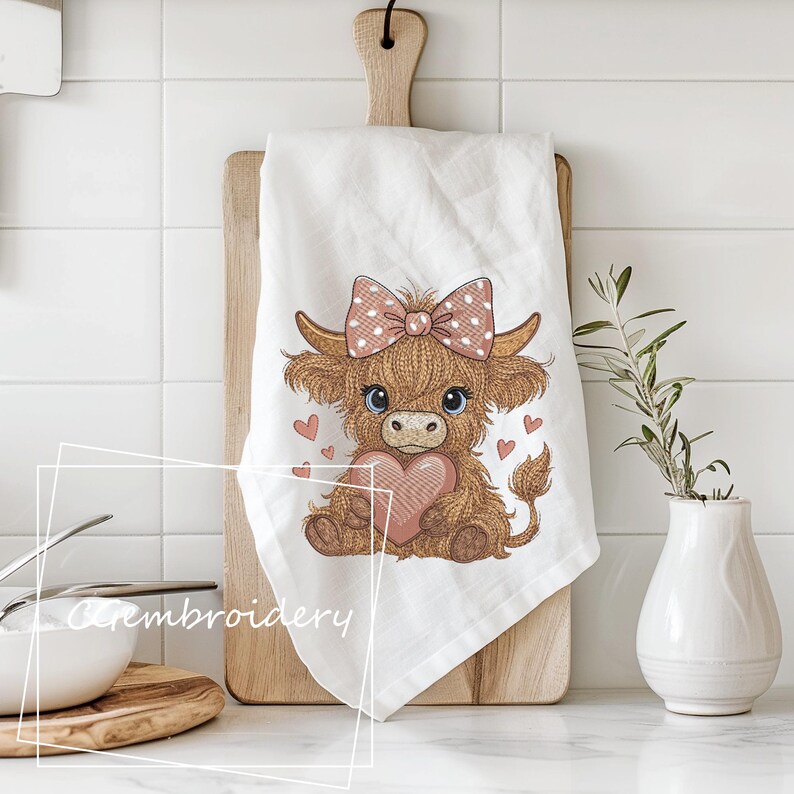Cute Highland Cow Embroidery File Cow Holding Heart Pink Coquette Bow Embroidery Pattern Scottish Highland Longhaired Cow Machine Embroidery