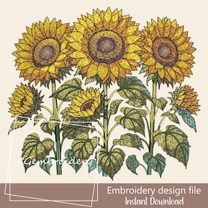 Może przedstawiać: Wzór haftowany z trzema żółtymi słonecznikami z zielonymi liśćmi i łodygami. Słoneczniki są w pełnym rozkwicie i mają brązowe środki. Wzór idealnie nadaje się do projektów hafciarskich.