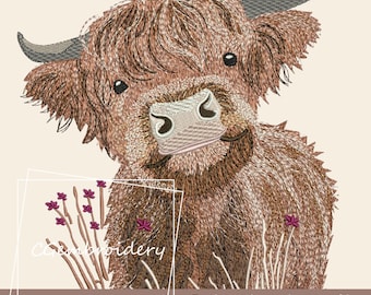 Funny Highland Cow Embroidery File, Farm Animals Embroidery File, Scottish Highland Longhaired Cow Machine Embroidery Pattern Cute Funny Cow