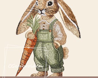 Spring Rabbit Embroidery File, Easter Rabbit & Carrot Embroidery File, Farm Animals Machine Embroidery Pattern, Cute Bunny Instant Download