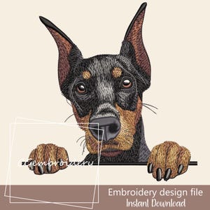May include: An embroidery design file featuring a Doberman Pinscher dog. The dog has black and brown fur, with detailed stitching. The dog's paws are resting on a horizontal line. Text reads "Embroidery design file Instant Download".