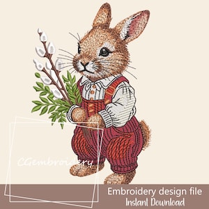 Peut inclure: Motif brodé d'un lapin brun portant une salopette rouge et une chemise blanche, tenant une botte de branches de chatons et de feuilles vertes. Le motif est pour un fichier de broderie.