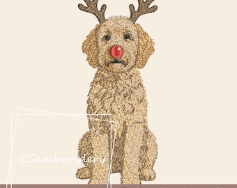 クリスマス・ゴールデンドゥードルの刺繍デザイン、クリスマス・トナカイのゴールデンドゥードルの刺繍ファイル、メリークリスマス・ドゥードルの機械刺繍