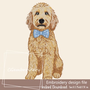 May include: An embroidery design file featuring a golden doodle dog wearing a blue bow tie with white polka dots. The dog is sitting and facing forward. The text "CGembroidery" and "Embroidery design file Instant Download - Size:H:3.95xW:1.90 in" are also visible.