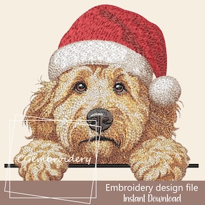 May include: An embroidered image of a golden doodle dog wearing a red Santa hat. The dog's fur is detailed with brown and tan thread. The image includes the text "Embroidery design file Instant Download".