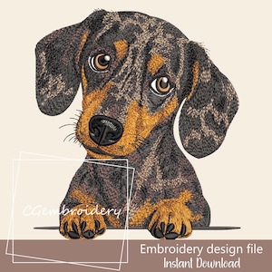 Puede incluir: Imagen bordada de un perro salchicha con pelaje negro y marrón y hocico marrón claro. El perro está mirando por encima de una superficie marrón. El texto "Embroidery design file Instant Download" está debajo.