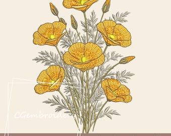 File di ricamo di fiori di papavero della California, file di ricamo di fiori, botanico, modello di ricamo a macchina floreale boho, ricamo di fiori selvatici
