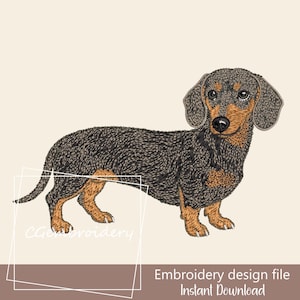 Könnte beinhalten: Eine Stickdesign-Datei mit einer detaillierten Illustration eines Dackelhundes. Der Hund hat ein schwarz-braunes Fell mit hellbraunen Pfoten und Ohren. Der Text "Embroidery design file Instant Download" ist enthalten.