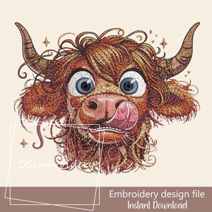 File da ricamo con mucca scozzese delle Highlands, file da ricamo con animali da fattoria, modello da ricamo a macchina con mucca scozzese delle Highlands a pelo lungo, faccia buffa di mucca