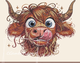 May include: An embroidery design file featuring a whimsical Highland cow with large blue eyes, a pink tongue, and curly brown hair. The design includes the text "Embroidery design file Instant Download".