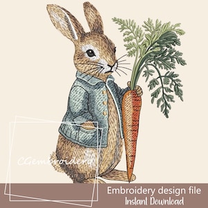 May include: An embroidery design file featuring a detailed illustration of a rabbit wearing a blue jacket and holding a large carrot. The rabbit is brown with white accents, and the carrot is orange with green leaves. The text "Embroidery design file Instant Download" is at the bottom.