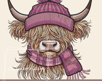Winter Highland Cow Embroidery File, Farm Animals Embroidery File, Cute Highland Cow Machine Embroidery Pattern, Baby Cow Instant Download