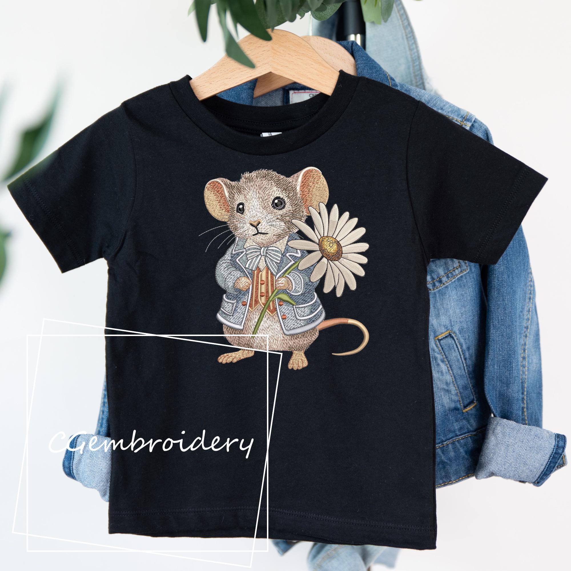 Embroidered Mouse Spring Mouse Embroidery File, Cute Mouse Daisy Flower Embroidery File ...
