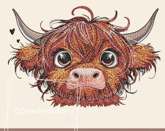Funny Highland Cow Embroidery File, Farm Animals Embroidery File, Scottish Highland Longhaired Cow Machine Embroidery Pattern Cute Funny Cow