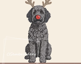 クリスマス・ゴールデンドゥードルの刺繍デザイン、クリスマス・トナカイの黒いドゥードル犬の刺繍ファイル、メリークリスマス・ドゥードルの機械刺繍