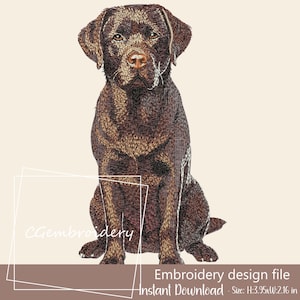 May include: A detailed embroidery design of a seated chocolate Labrador Retriever. The dog is rendered in shades of brown and tan, with intricate stitching. The design file is available for instant download, with a size of 3.95 inches high and 2.16 inches wide.