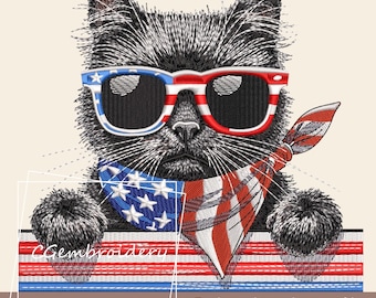Patriotic 4th of July Black Cat Embroidery Design for Machine Embroidery with American Flag, Black Cat Design, Independence Day, 4th of July
