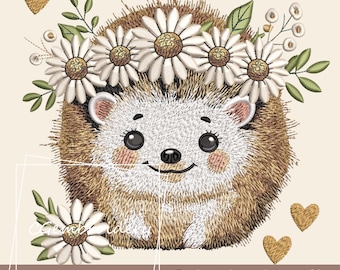 Spring Hedgehog Embroidery File, Happy Flower Hedgehog Embroidery Design, Forest Animals Machine Embroidery Pattern Baby Hedgehog Embroidery