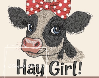 Funny Cow Embroidery Design, Holstein Cow Embroidery File, Heifer Machine Embroidery Farm Animal Embroidery Pattern, Hay Girl Cow Embroidery