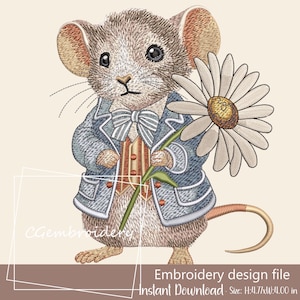 Spring Mouse Embroidery File, Cute Mouse Daisy Flower Embroidery File, Mouse with Flower Machine Embroidery Pattern, Mouse Instant Download