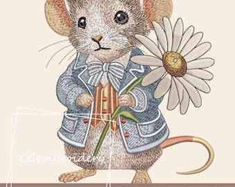 Spring Mouse Embroidery File, Cute Mouse Daisy Flower Embroidery File, Mouse with Flower Machine Embroidery Pattern, Mouse Instant Download