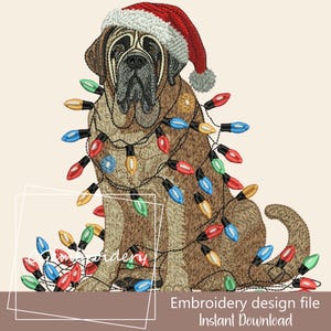 May include: Embroidered design of a brown and tan Mastiff dog wearing a red Santa hat and tangled in a string of colorful Christmas lights. The design is for embroidery and is available for instant download.