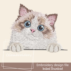 May include: An embroidery design file featuring a fluffy cat with blue eyes and a pink nose. The cat is peeking over a line, with the text "CGEmbroidery" and "Embroidery design file Instant Download" below.