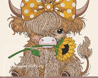 Sunflowers Highland Cow Embroidery File, Farm Animals Embroidery Pattern, Scottish Highland Longhaired Cow Machine Embroidery Cute Funny Cow