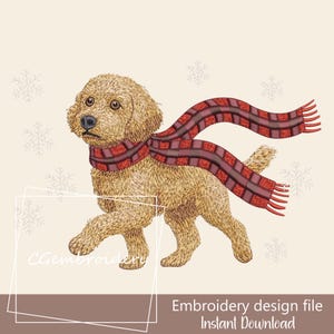 May include: An embroidery design file featuring a golden-brown dog wearing a red and burgundy plaid scarf. The dog is walking, with snowflakes in the background. The text "Embroidery design file Instant Download" is at the bottom.