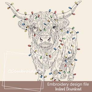 Line Art Christmas Cow Embroidery Design, Line Art Farm Cow Embroidery, Highland cattle Line Art Embroidery, Cow Lover Machine Embroidery