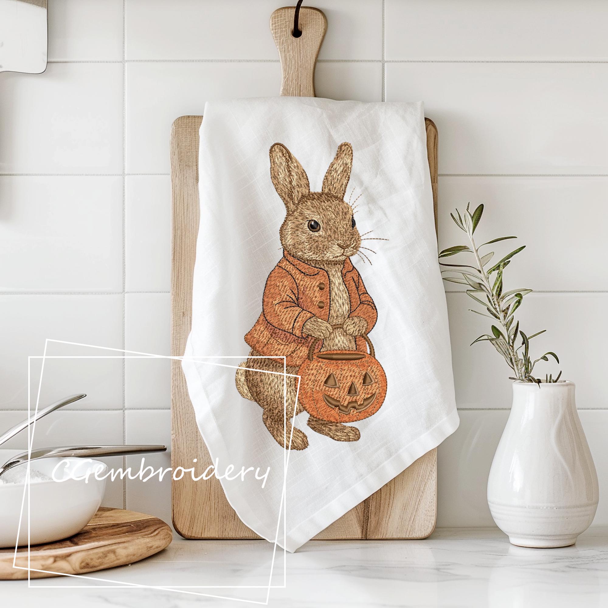 Halloween Rabbit Embroidery File, Pumpkin Trick or Treat Rabbit