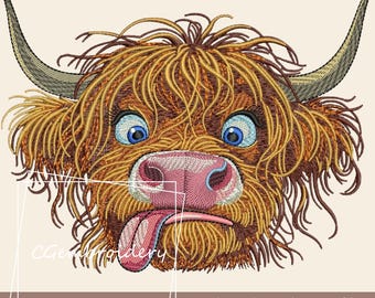 Funny Highland Cow Embroidery File, Farm Animals Embroidery File, Scottish Highland Longhaired Cow Machine Embroidery Pattern Cute Funny Cow