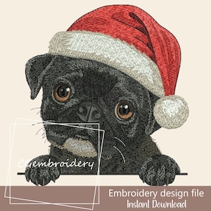 May include: An embroidered design of a black pug wearing a red and white Santa hat. The pug's paws are resting on a horizontal line, with the text "Cgembroidery" and "Embroidery design file Instant Download" below.