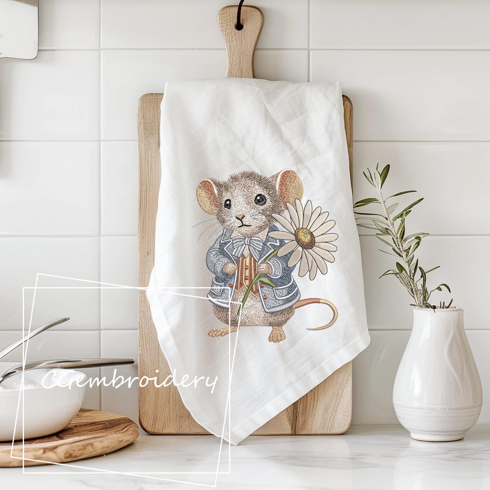 Spring Mouse Embroidery File, Cute Mouse Daisy Flower Embroidery File ...