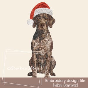 May include: An embroidered design of a brown dog wearing a red and white Santa hat. The dog is sitting and facing forward. The image includes the text "Embroidery design file Instant Download".