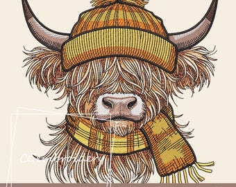 Winter Highland Cow Embroidery File, Farm Animals Embroidery File, Cute Highland Cow Machine Embroidery Pattern, Baby Cow Instant Download