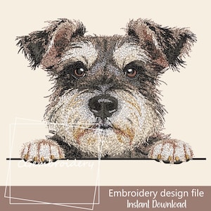 May include: An embroidered design of a Schnauzer dog with brown and grey fur, peeking over a dark brown horizontal line. The dog's eyes are brown, and the design includes the text "Embroidery design file Instant Download".