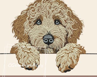 Puede incluir: Un archivo de diseño de bordado que presenta un perro marrón y beige con pelo rizado, asomándose por encima de una superficie blanca. El diseño incluye el texto "Embroidery design file - Instant Download - Size: H:12.70cmxW:10.03cm".