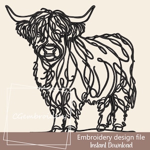 Line Art Highland Cow Embroidery Design, Line Art Farm Cow Embroidery, Highland cattle Line Art Embroidery, Cow Lover Machine Embroidery