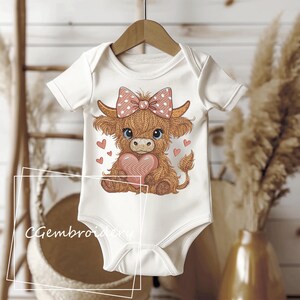 Cute Highland Cow Embroidery File Cow Holding Heart Pink Coquette Bow Embroidery Pattern Scottish Highland Longhaired Cow Machine Embroidery